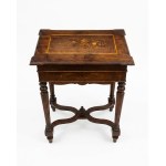 Antique walnut inlaid side table with a removable, hinged top featuring floral inlay; classic furniture; antique desk
