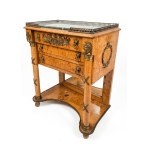 A Biedermeier-style chest of drawers with two drawers, veneered in fine burl wood and featuring natural partridge-eye grain.
