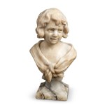 A carved alabaster sculpture depicting a smiling young girl