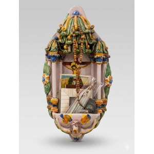 Polychrome majolica holy water font (tin-glazed terracotta) attributed to a workshop in Naples or Ischia from the late 18th century
