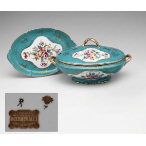 French porcelain soup tureen with a matching tray featuring a sky-blue base
