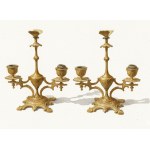 Pair of three-flame candelabra in gilded, chiseled bronze—Louis XV style, approximately 18 cm