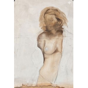 A collection of seven works on paper and cardboard, including one nude and six mixed-media compositions