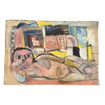 A collection of seven works on paper and cardboard, including one nude and six mixed-media compositions