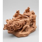 Set of two signed terracotta sculptural groups depicting an elderly couple, approximately 14 cm and 25 cm tall