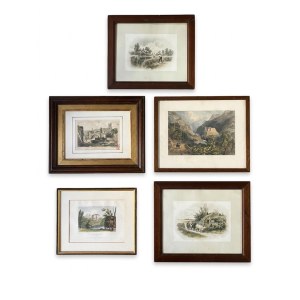 A collection of 19th-century intaglio prints featuring landscape and architectural views