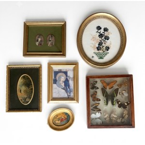 A collection of framed miniatures and an entomological box containing butterflies