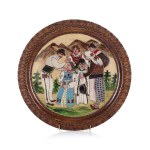 A wooden highlander plate featuring a painted scene of a pre-wedding blessing