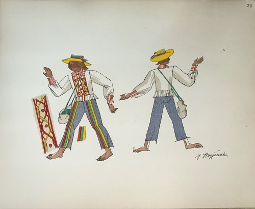 Zofia Stryjeńska ( 1891 - 1976 ), Stroje ludowe z Kujawskiego, plansza 26 z teki 'Polish Peasants' Costumes', 1939