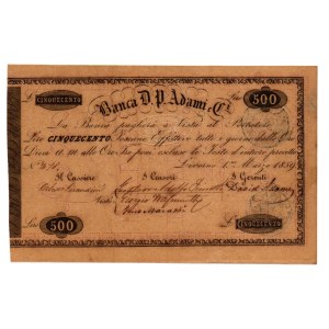 Italian Banknotes - HISTORIC BANKS. Banca Adani Livorno. 500 Tuscan lire...
