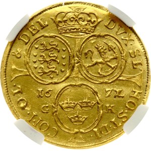 Dánsky dukát 1672/1 GK NGC MS 62 zo zbierky L. E. Bruuna