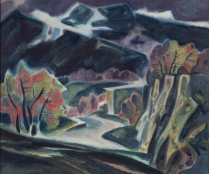 Teresa Roszkowska (1904 Kijów - 1992 Warszawa), Pejzaż górski z zabudowaniami