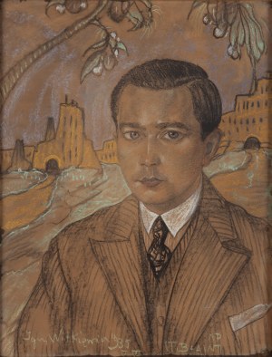 Stanisław Ignacy Witkiewicz \ Witkacy (1885 Warszawa - 1939 Jeziory na Polesiu), Portret mężczyzny na tle pejzażu, 1935