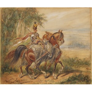 Juliusz Kossak (1824 Nowy Wiśnicz - 1899 Kraków), Koniuszy na koniu i luzak z rzędem (szkic do Mohorta), przed 1883