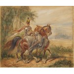 Juliusz K Stablemaster on Horseback and a Dandy with a Procession (sketch for "Mohort"), before 1883