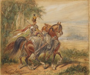 Juliusz Kossak (1824 Nowy Wiśnicz - 1899 Kraków), Koniuszy na koniu i luzak z rzędem (szkic do 