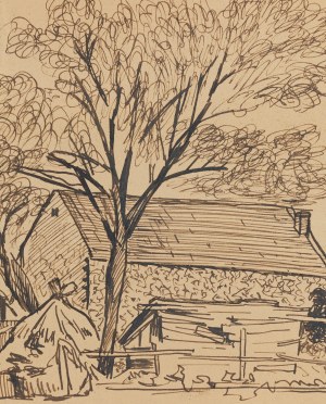 Jerzy Janisch (1901 Gródek Jagielloński - 1962 Warszawa), Widok na wiejską zagrodę, 1954