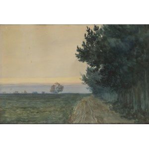 Józef Rapacki (1871, Varsavia - 1929, Olszanka, nei pressi di Skierniewice), Paesaggio con strada nel bosco, 1914