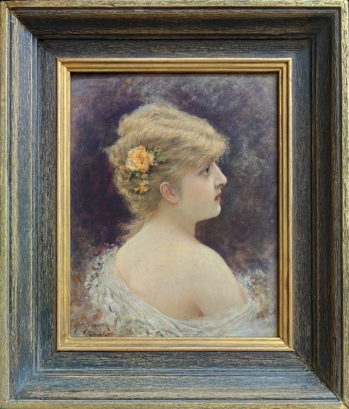 Emile E. Semenowsky (1857-1911), Portret kobiety z różą we włosach, 1889
