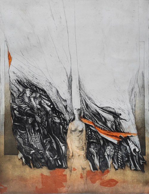 Andrzej Pietsch (1932-2010), Podróżni VI - żółta zasłona, 1971
