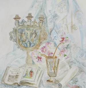Maja (Maria) Berezowska, MARTWA NATURA Z KSIĄŻKĄ I KWIATAMI , 1953