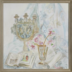 Maja (Maria) Berezowska, MARTWA NATURA Z KSIĄŻKĄ I KWIATAMI , 1953