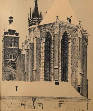 Leon Wyczółkowski (1852 Huta Miastkowska K. Siedlec - 1936 Warszawa), Widok na prezbiterium kościoła Najświętszej Marii Panny w Krakowie