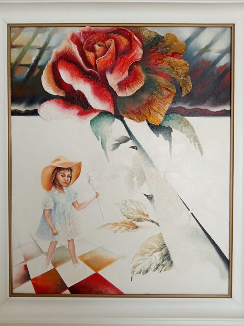 Alina Dorada-Krawczyk (ur. 1952),Bez tytułu (Kompozycja surrealistyczna z różą i dziewczynką), 1992 r.