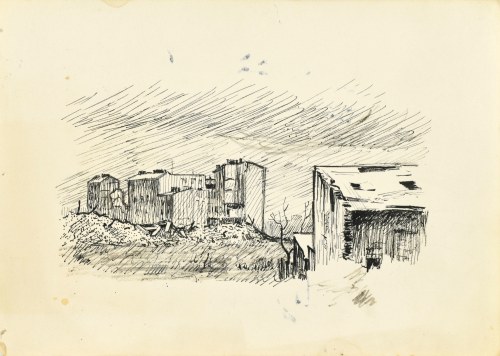 Ludwik MACIĄG (1920-2007), Pejzaż z budynkami w dali