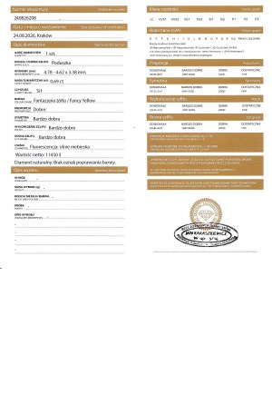 NATURALNY DIAMENT KOLOROWY 0.69 CT | CZYSTOŚĆ: SI1 | SZLIF: PODUSZKA Oficjalna wycena Rzeczoznawcy: 14 084 USD (ok. 52 500 PLN brutto)