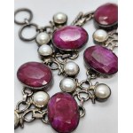Silver bracelet with large natural rubies and pearls