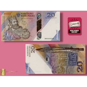 20 Złoty 2025, niedrige Seriennummer BR 0000504, 1000-jähriges Jubiläum der Krönung von Bolesław Chrobry, Banknote in einer NBP-Hülle