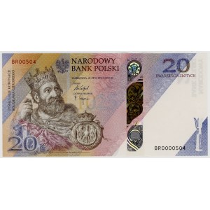 20 Złoty 2025, niedrige Seriennummer BR 0000504, 1000-jähriges Jubiläum der Krönung von Bolesław Chrobry, Banknote in einer NBP-Hülle