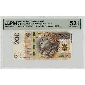 200 złotych 2015, niski numer seryjny BG 0000187, PMG 53 EPQ