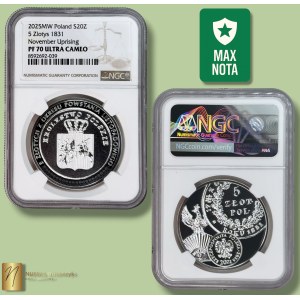 20 zlotych 2025, 5 zlotych from the November Uprising, NGC PF70 ULTRA CAMEO, MAX NOTA