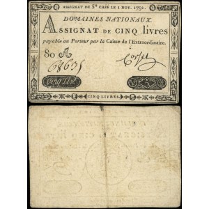 Francia, assegno da 5 lire, 1° novembre 1791