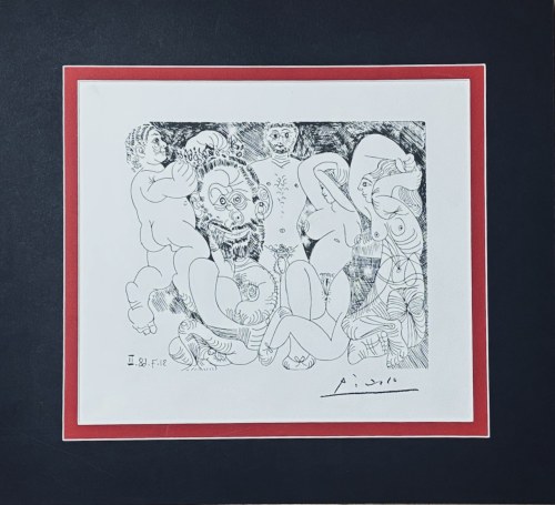 Pablo Picasso (1881-1973), Scena pasterska z brodatym mężczyzną w koronie z kwiatów i młode pasterki (Une scène de berger avec un homme barbu portant une couronne de fleurs et de jeunes bergères), z cyklu: 