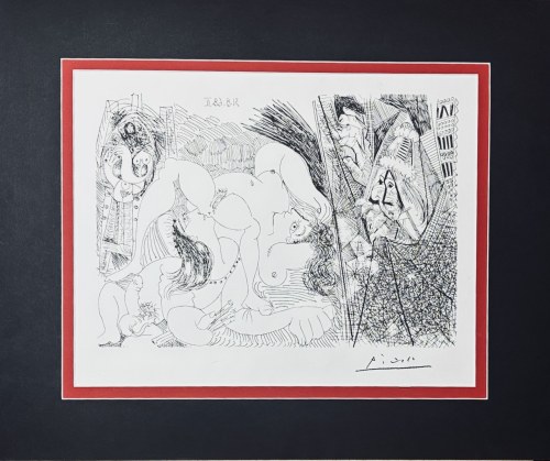 Pablo Picasso (1881-1973), Rafael i Fornarina IV z papieżem rozsuwającym kurtynę (Raphael et la Fornarina IV : avec le Pape tirant le rideau), z cyklu „347”
