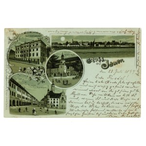 Jawor (Dolní Slezsko) 1899 - Uprostřed je vidět Kostel míru, radnice s náměstím (Ring mit Rathaus), panorama města s hradem a budova bývalého Královského učitelského semináře nebo Úvěrové společnosti (158)