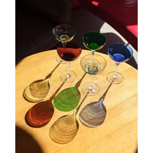 Set of 5 tall martini glasses, beautiful artistic glassware.