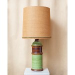 Large ceramic table/floor lamp, original shade made of thickly woven fabric, from the 1960s/1970s.