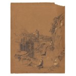 École italienne du XIXe siècle, lot de neuf dessins représentant des vues et des paysages
