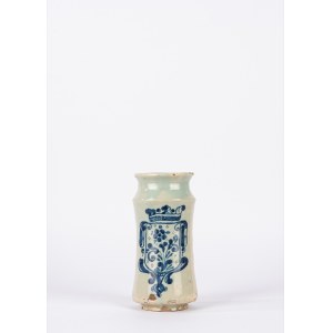 Antique ceramic jar, decorated with a floral coat of arms