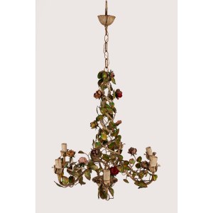 Wrought-iron and polychrome lacquered chandelier decorated with leaves and roses, 19th century
