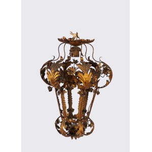 Large Venetian lantern made of gilded wrought iron with rocaille leaves, 18th–19th century
