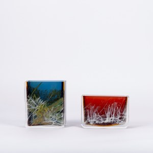 Two crystal vases of quadrangular shape with multicolored inclusions, probably from Bohemia