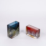 Two crystal vases of quadrangular shape with multicolored inclusions, probably from Bohemia