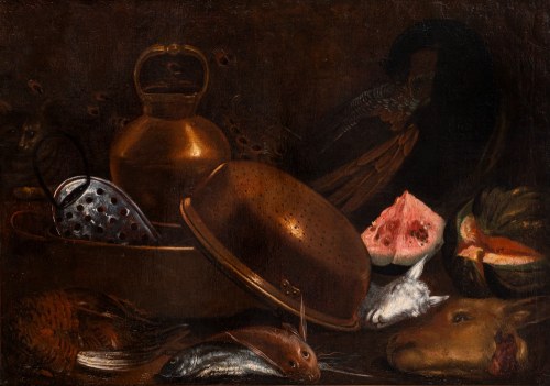 Giovanni Battista Recco, (Napoli 1615 - 1660) Kitchen interior with crockery, fish, watermelon and cat