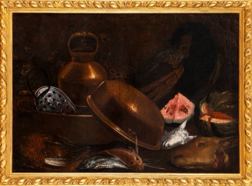 Giovanni Battista Recco, (Napoli 1615 - 1660) Kitchen interior with crockery, fish, watermelon and cat