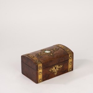 Wooden music box with brass and enamel finishes, England, late 19th–early 20th century